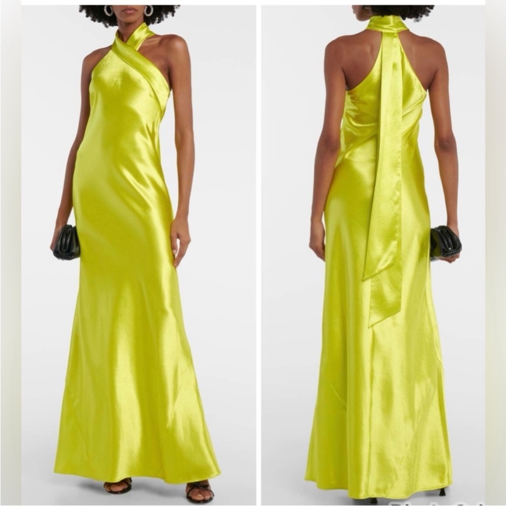 GALVAN London Pandora halterneck satin maxi dress lime yellow NWT size 6 US